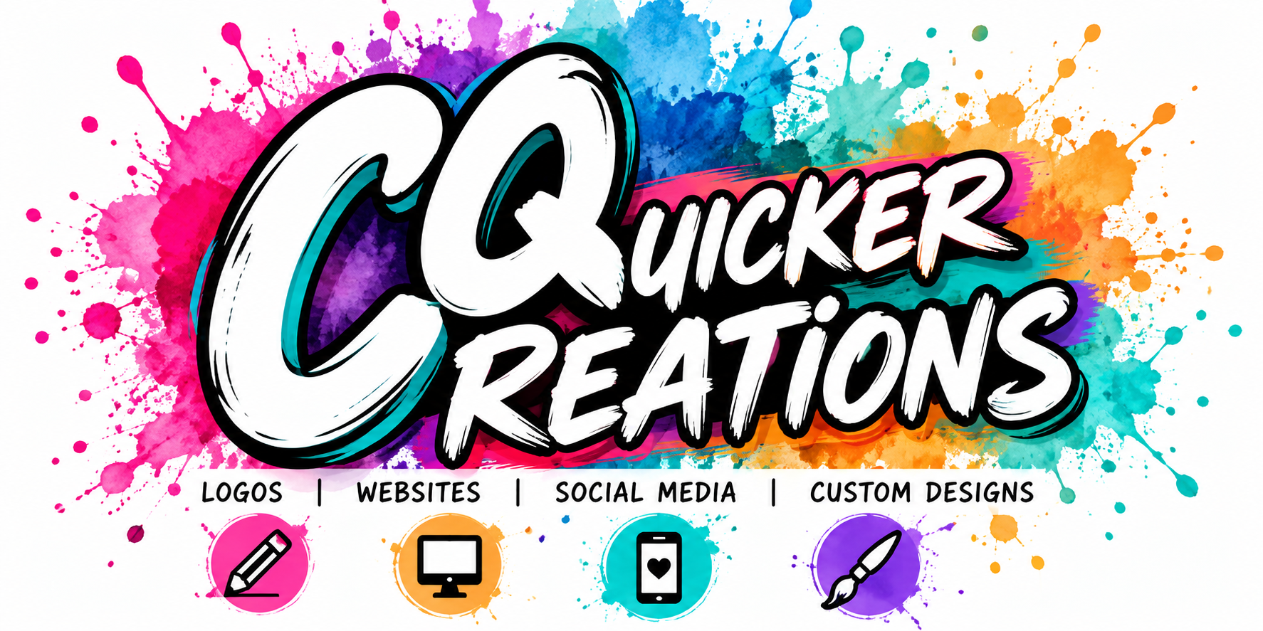 Quicker Creations colorful CQ logo with vibrant paint splashes and creative services